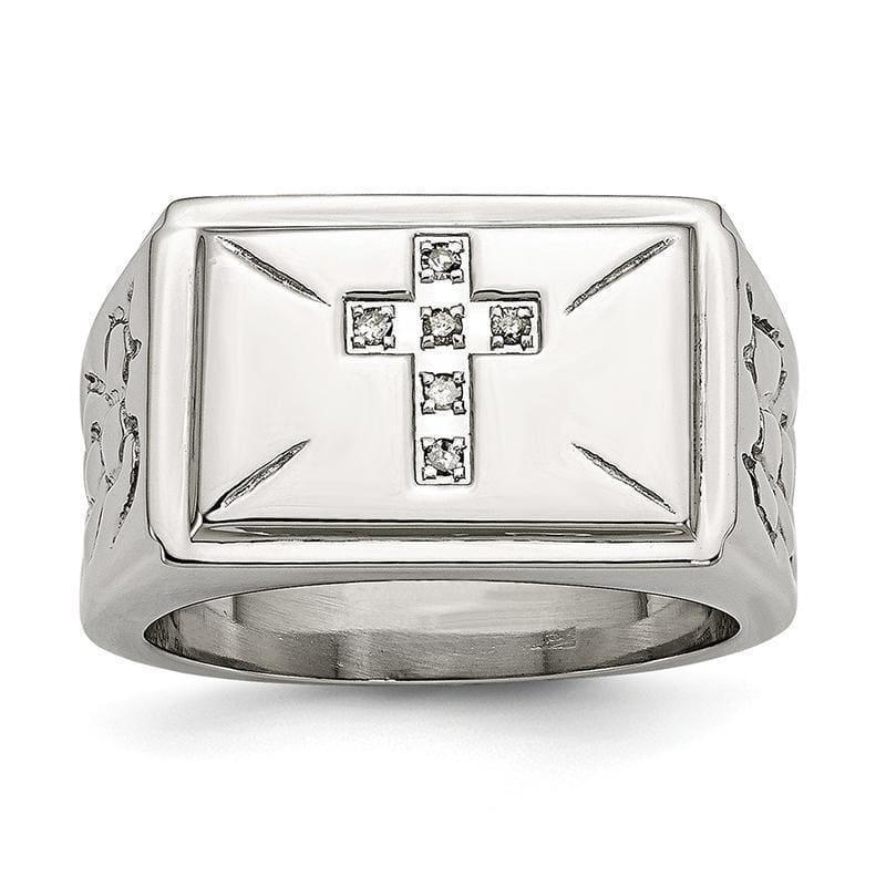 Stainless Steel Diamond Cross w-Textured Sides Polished Ring - Seattle Gold Grillz