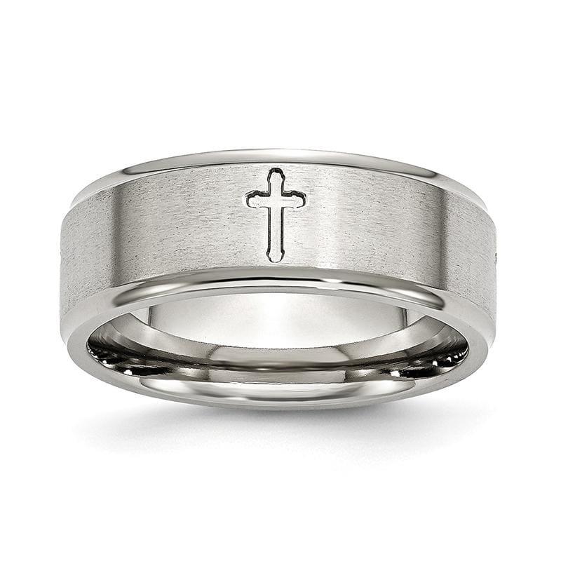 Stainless Steel Ridged Edge Cross 8mm Brushed and Polished Band - Seattle Gold Grillz