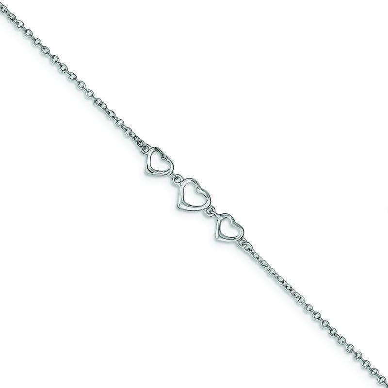 Sterling Silver 10 1 in ext Three Hearts Anklet - Seattle Gold Grillz