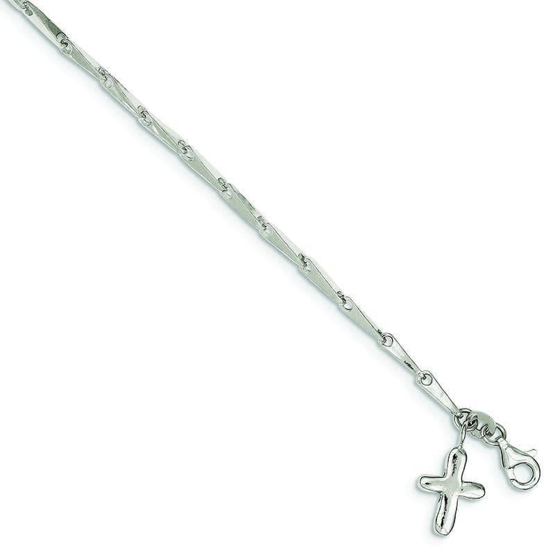 Sterling Silver 10 Inch Solid Polished Cross on Fancy Link Anklet - Seattle Gold Grillz