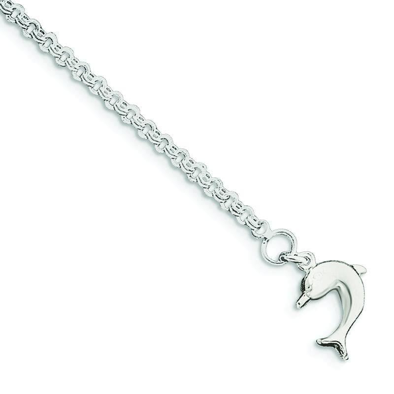 Sterling Silver 10inch Hollow Polished 3-Dimensional Dolphin Anklet - Seattle Gold Grillz