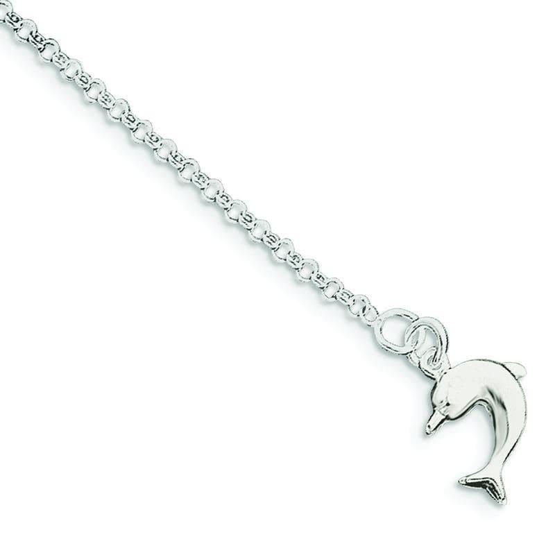 Sterling Silver 10inch Hollow Polished 3-Dimensional Dolphin Anklet - Seattle Gold Grillz