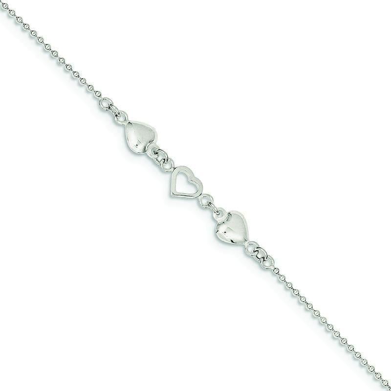 Sterling Silver 10inch Polished Hearts Anklet adjustable to 9 - Seattle Gold Grillz