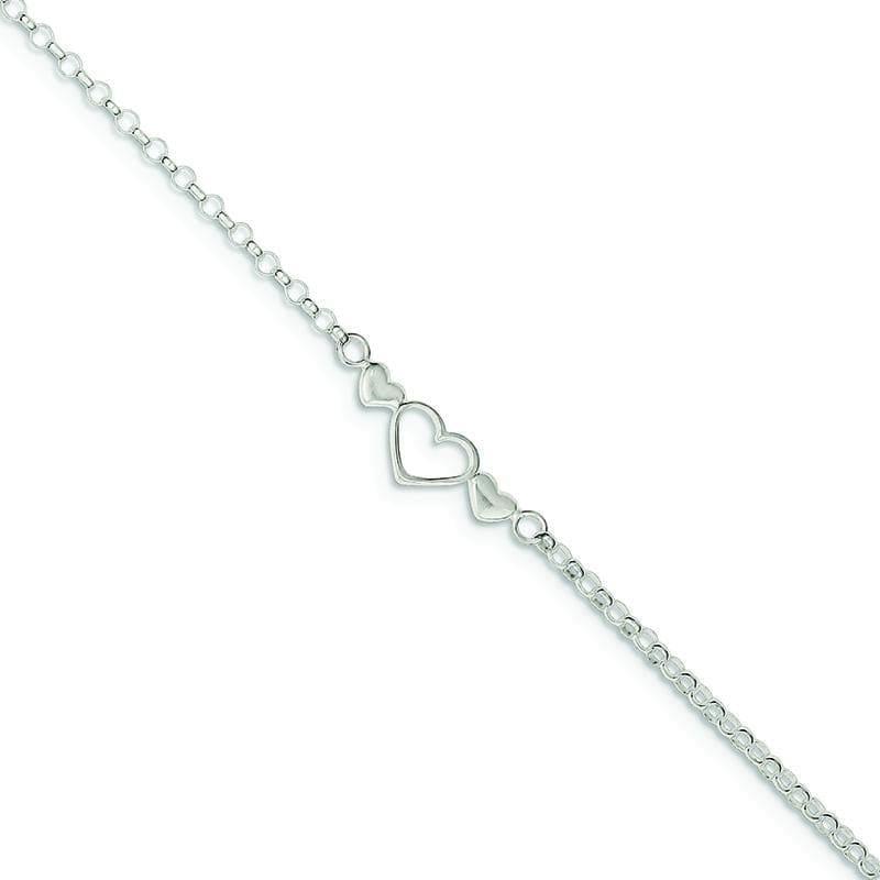 Sterling Silver 10inch Polished Triple Heart Anklet - Seattle Gold Grillz