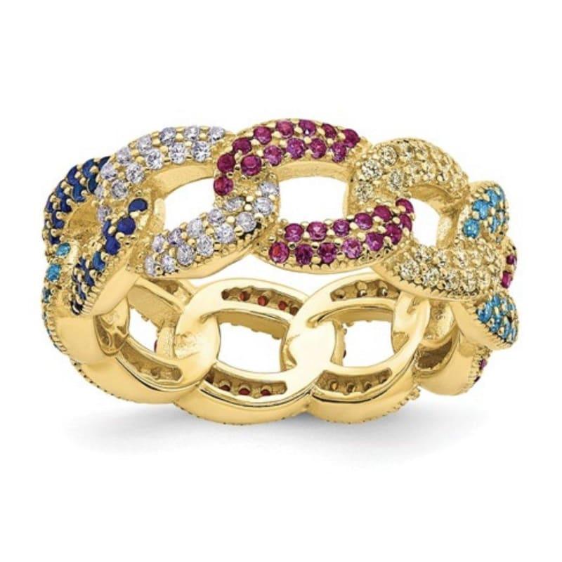 Sterling Silver 14k Flash-Plated Colorful CZ Cuban Link Ring - Seattle Gold Grillz
