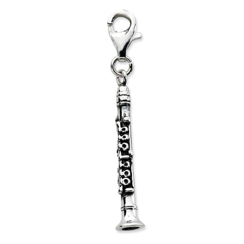 Sterling Silver 3-D Antiqued Clarinet w-Lobster Clasp Charm | Weight: 1.76 grams, Length: 46mm, Width: 5mm - Seattle Gold Grillz