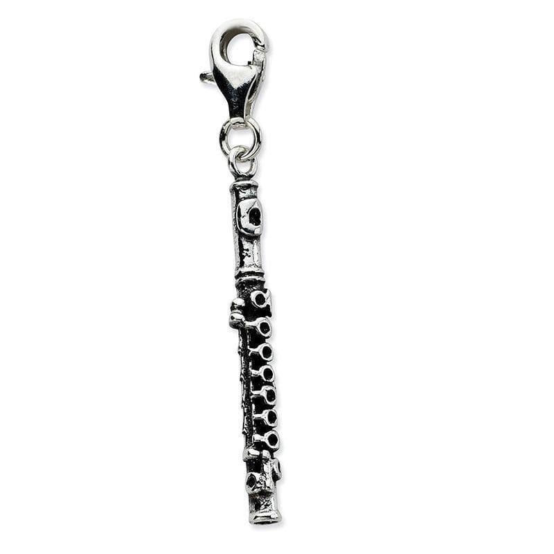 Sterling Silver 3-D Antiqued Flute w-Lobster Clasp Charm | Weight: 1.69 grams, Length: 41mm, Width: 4mm - Seattle Gold Grillz