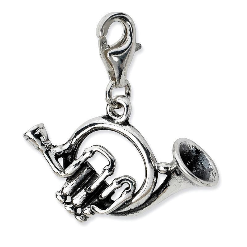 Sterling Silver 3-D Antiqued French Horn w-Lobster Clasp Charm | Weight: 2.48 grams, Length: 33mm, Width: 25mm - Seattle Gold Grillz