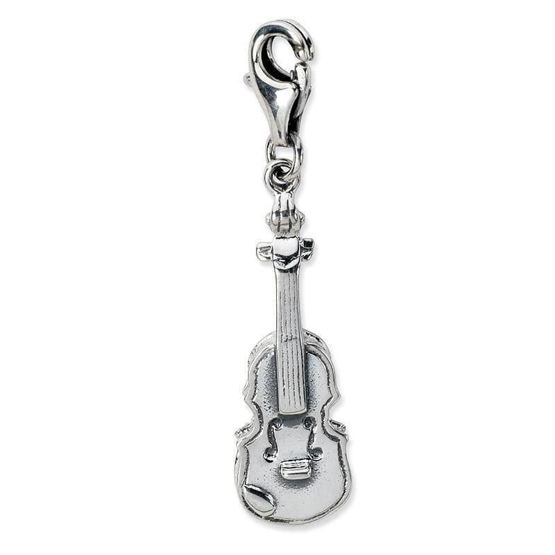 Sterling Silver 3-D Antiqued Violin w-Lobster Clasp Charm | Weight: 3.07 grams, Length: 46mm, Width: 9mm - Seattle Gold Grillz