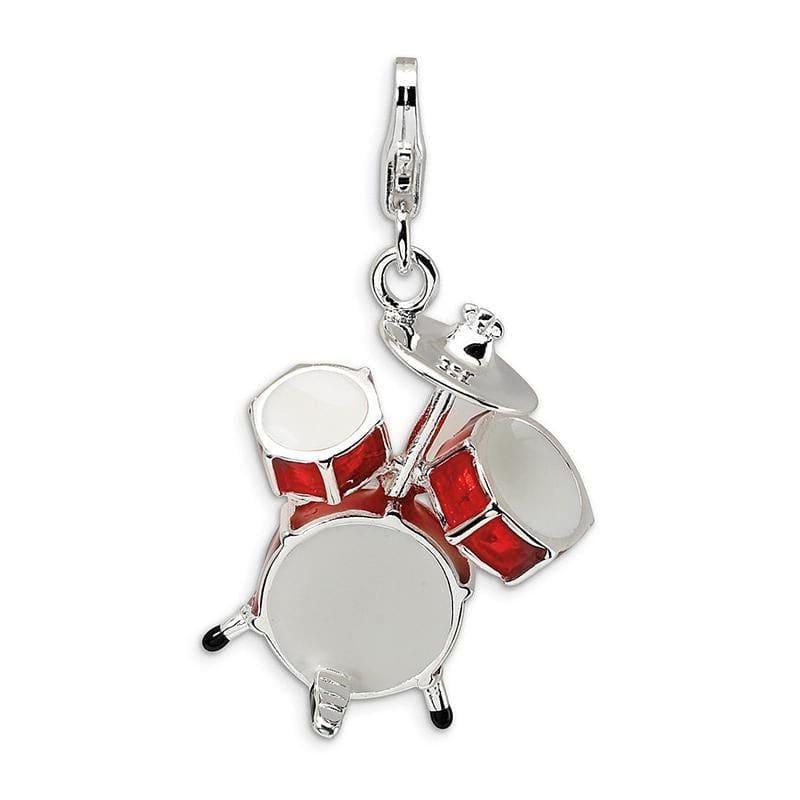 Sterling Silver 3-D Enameled Drum Set w-Lobster Clasp Charm | Weight: 4 grams, Length: 43mm, Width: 20mm - Seattle Gold Grillz