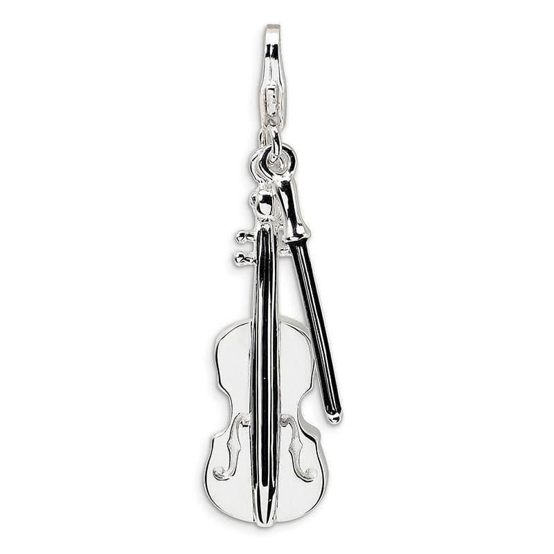Sterling Silver 3-D Violin and Antiqued Bow w-Lobster Clasp Charm | Weight: 3.63 grams, Length: 46mm, Width: 10mm - Seattle Gold Grillz