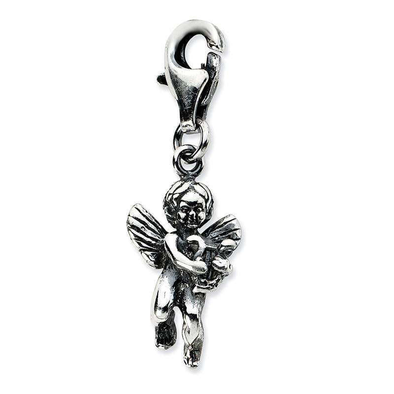 Sterling Silver 3D Antiqued Angel & Harp w-Lobster Clasp Charm | Weight: 1.69 grams, Length: 36mm, Width: 10mm - Seattle Gold Grillz
