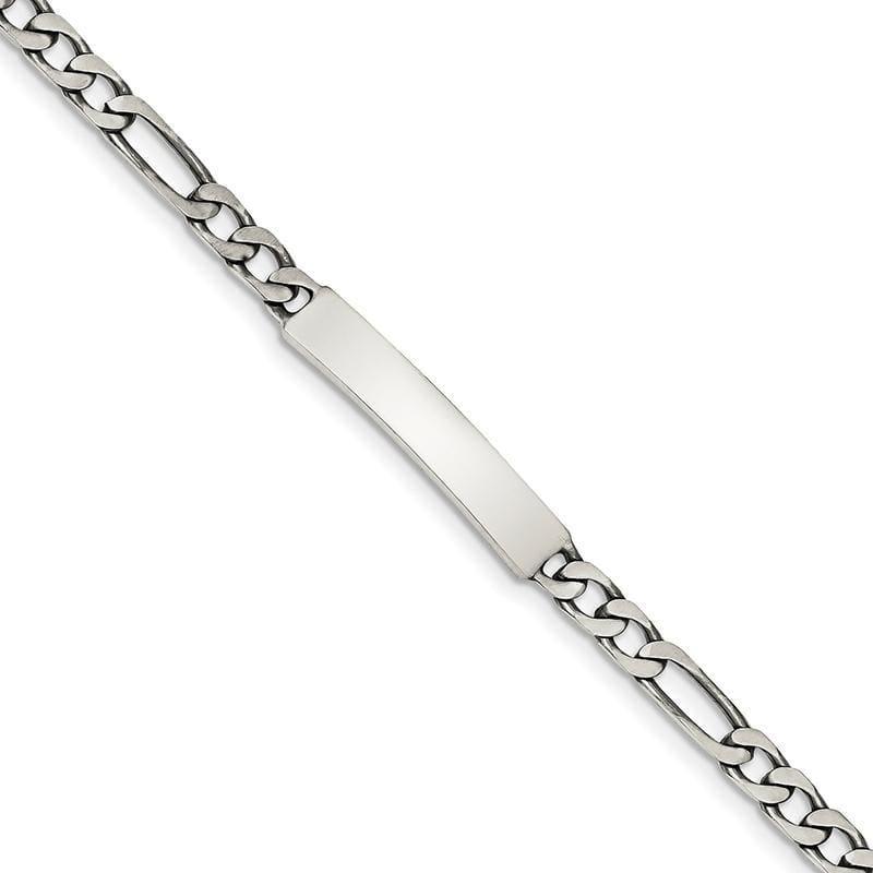Sterling Silver 7inch Engraveable Antiqued Figaro Link ID Bracelet | Weight: 10.08 grams, Length: 7mm, Width: 5mm - Seattle Gold Grillz