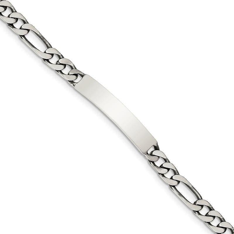 Sterling Silver 7inch Engraveable Antiqued Figaro Link ID Bracelet | Weight: 13.08 grams, Length: 7mm, Width: 6mm - Seattle Gold Grillz