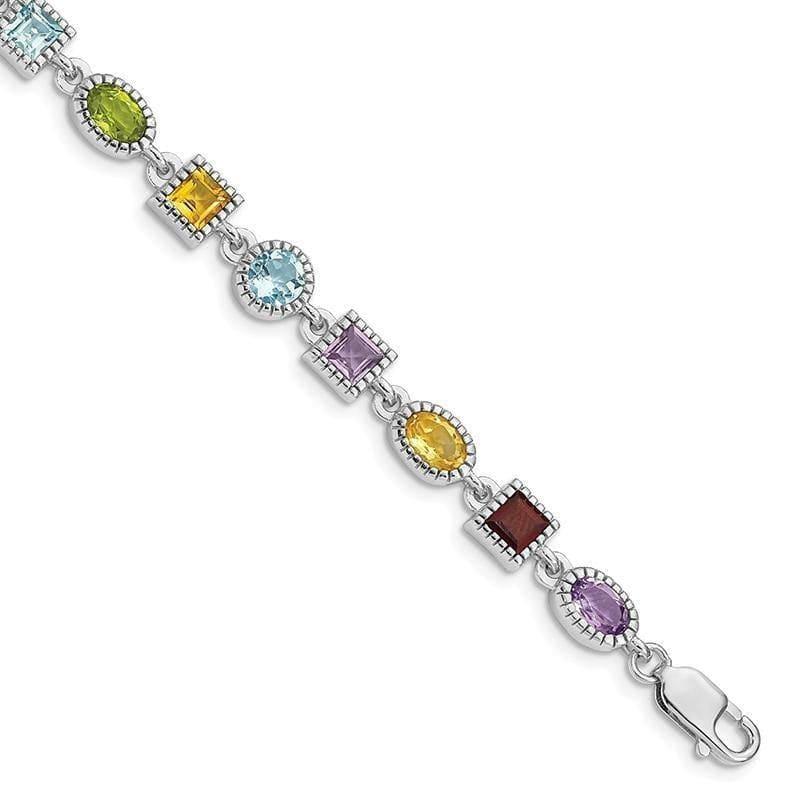 Sterling Silver 7inch Rhod Plated Rainbow Semi Precious Stone Bracelet | Weight: 10.35 grams, Length: 7mm, Width: mm - Seattle Gold Grillz
