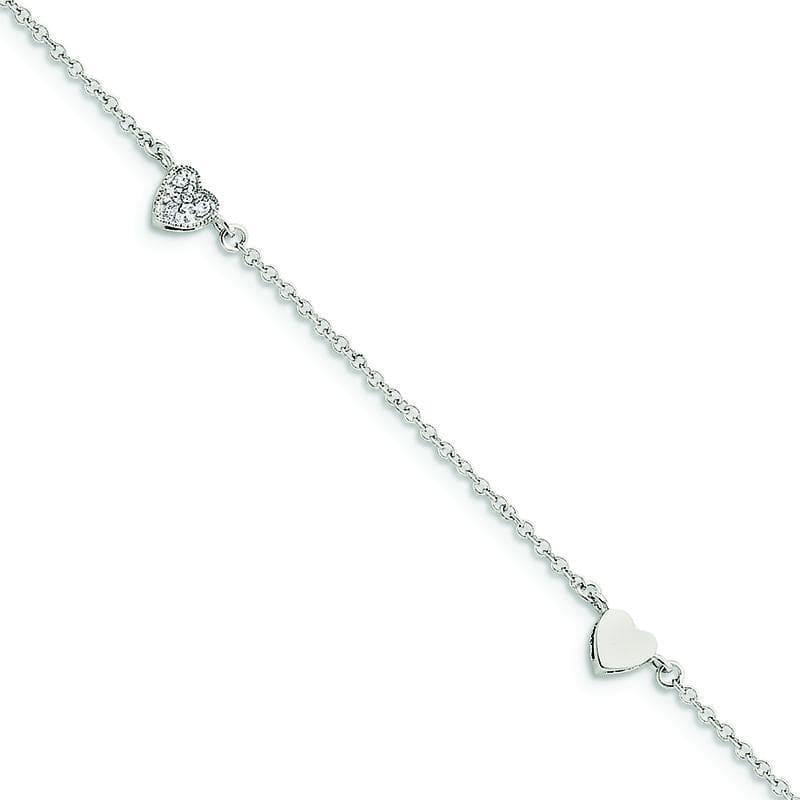 Sterling Silver 9 1in ext Polished & CZ Hearts Anklet | Weight: 2.88 grams, Length: 9mm, Width: mm - Seattle Gold Grillz