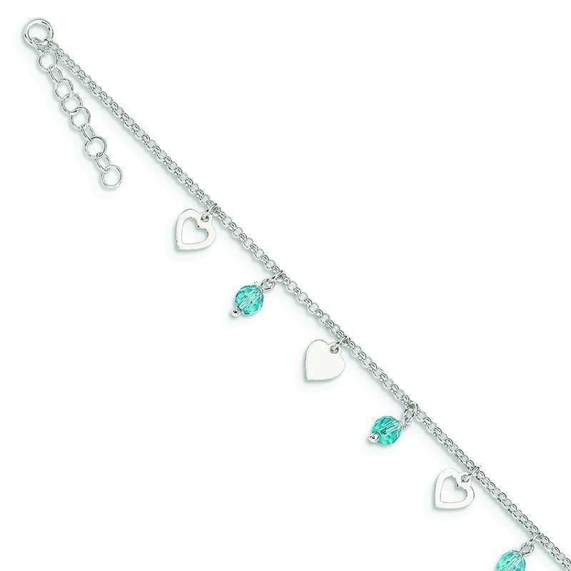 Sterling Silver 9 Polished Heart and Blue Glass w- 1in ext. Anklet | Weight: 3.15 grams, Length: 9mm, Width: mm - Seattle Gold Grillz