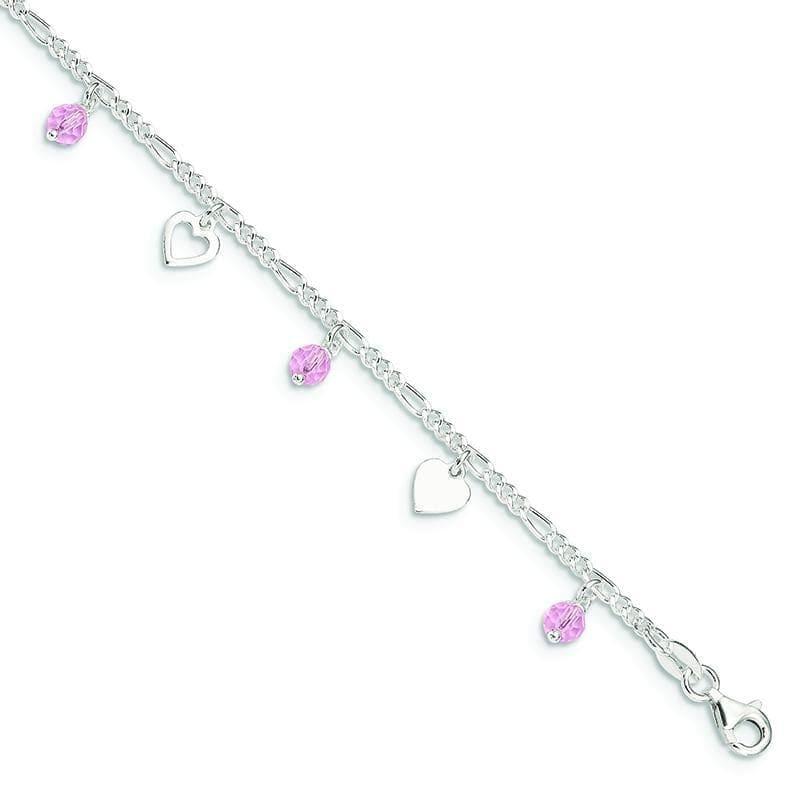 Sterling Silver 9 Polished Heart and Rose Glass w- 1in ext. Anklet | Weight: 4.26 grams, Length: 9mm, Width: mm - Seattle Gold Grillz