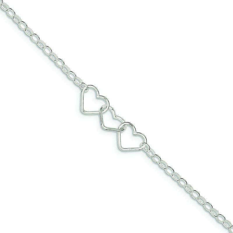 Sterling Silver 9 Rolo Chain With 3 Interlocking Hearts Anklet | Weight: 3.6 grams, Length: 9mm, Width: 0mm - Seattle Gold Grillz