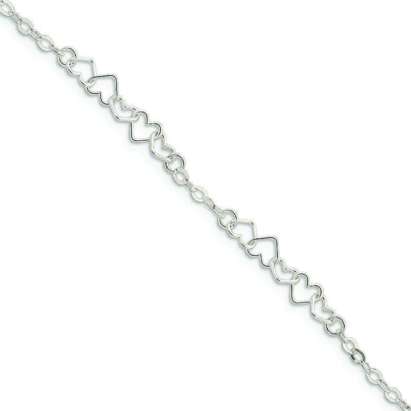 Sterling Silver 9inch Polished Fancy Heart Link Anklet | Weight: 2.61 grams, Length: 9mm, Width: mm - Seattle Gold Grillz