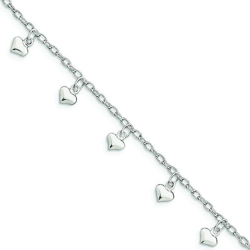 Sterling Silver 9inch Polished Puffed Heart Anklet | Weight: 2.88 grams, Length: 9mm, Width: mm - Seattle Gold Grillz