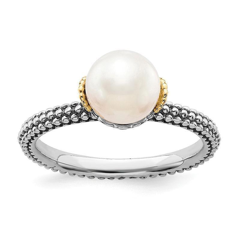 Sterling Silver & 14k Stack Exp. 7.0-7.5mm White FW Cultured Pearl Ring - Seattle Gold Grillz
