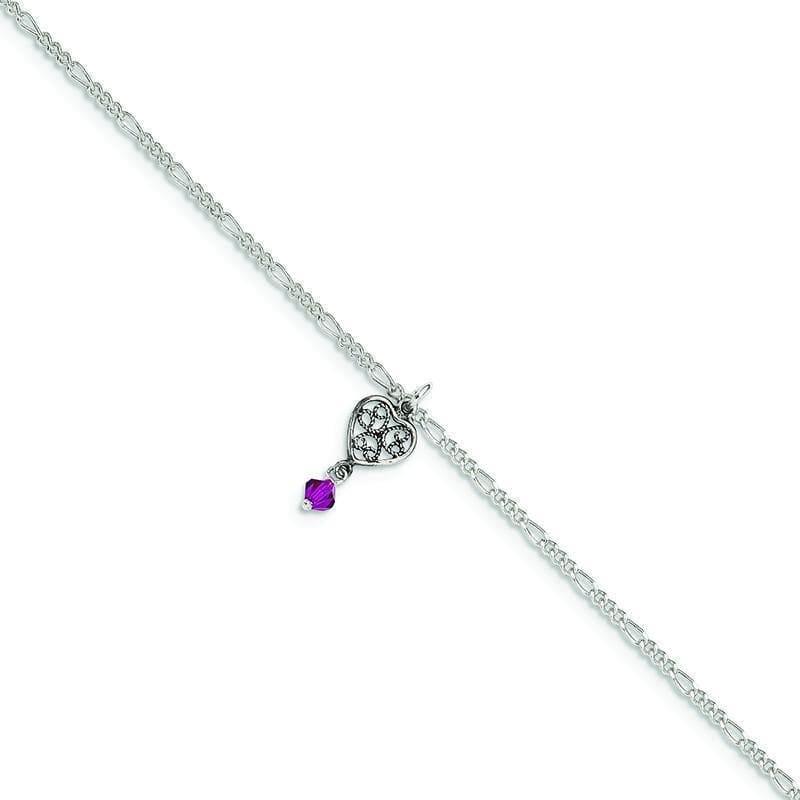 Sterling Silver Antiqued Dark Pink Crystals Dangling Hearts Anklet | Weight: 2 grams, Length: 9mm, Width: mm - Seattle Gold Grillz