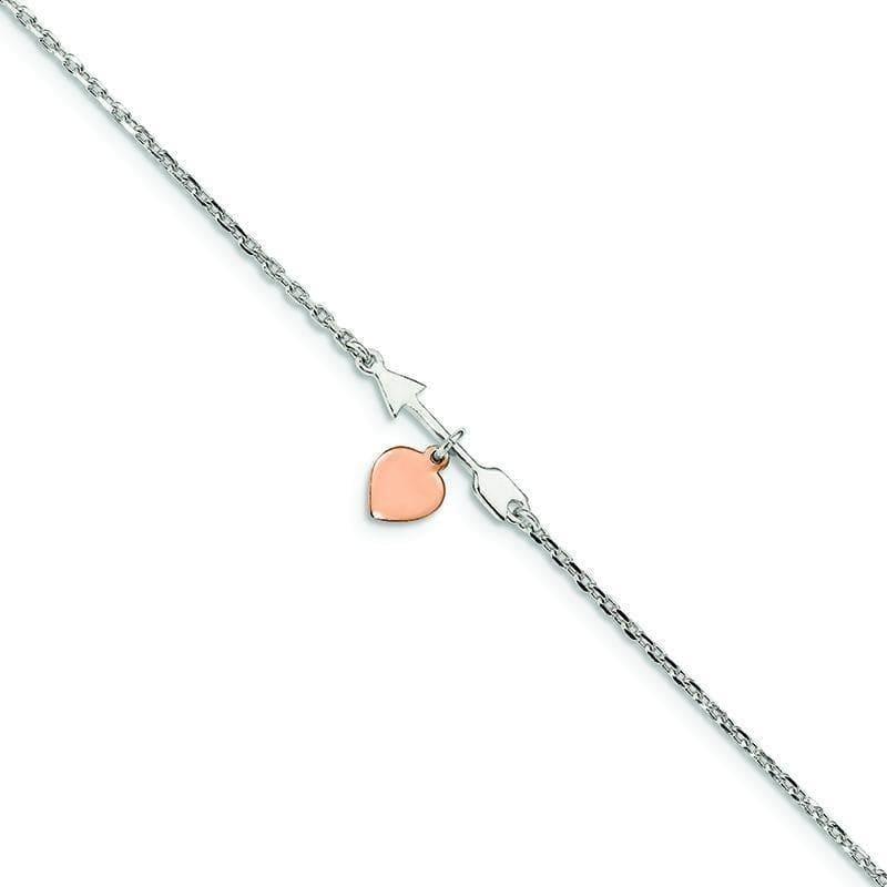 Sterling Silver Arrow w-Rose-tone Heart 10in 1Ext Anklet | Weight: 2.69 grams, Length: 10mm, Width: 1.5mm - Seattle Gold Grillz