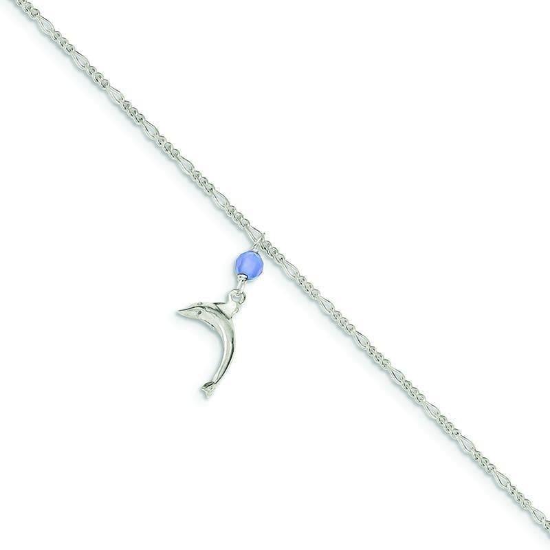 Sterling Silver Blue Quartz Bead & Dangling Dolphin Figaro Anklet - Seattle Gold Grillz