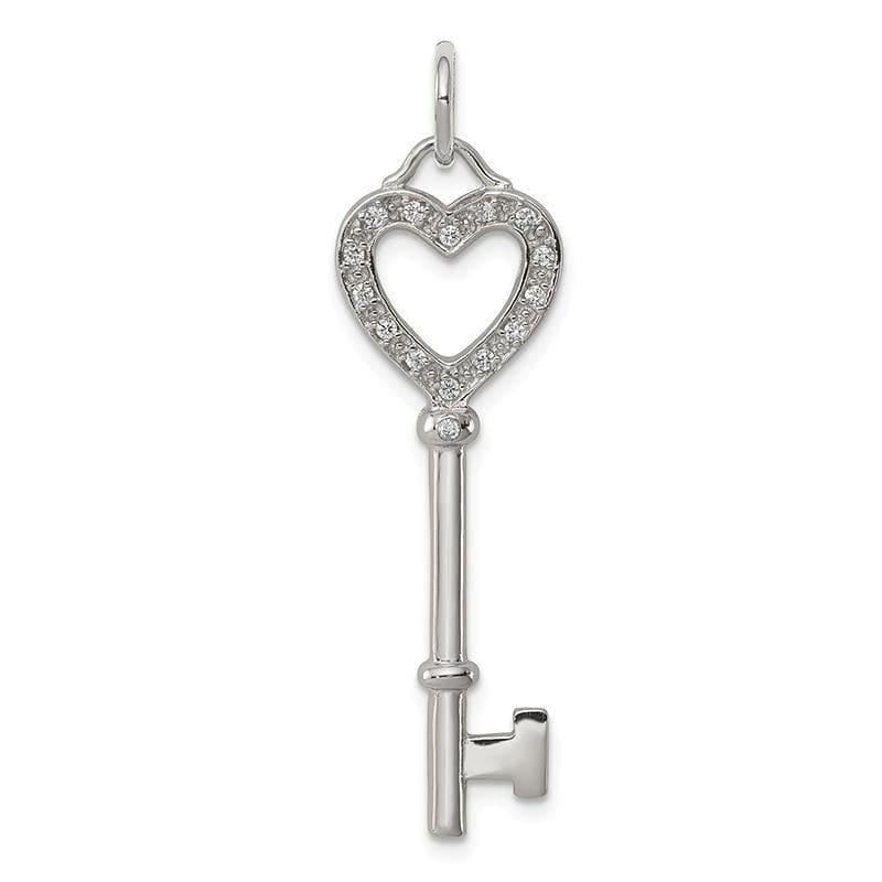Sterling Silver CZ Heart Key Pendant | Weight: 1.68 grams, Length: 40mm, Width: 10mm - Seattle Gold Grillz