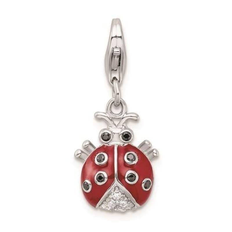 Sterling Silver CZ Rhodium Plated 3-D Enameled Lady Bug w-Lobster Clasp Chain - Seattle Gold Grillz