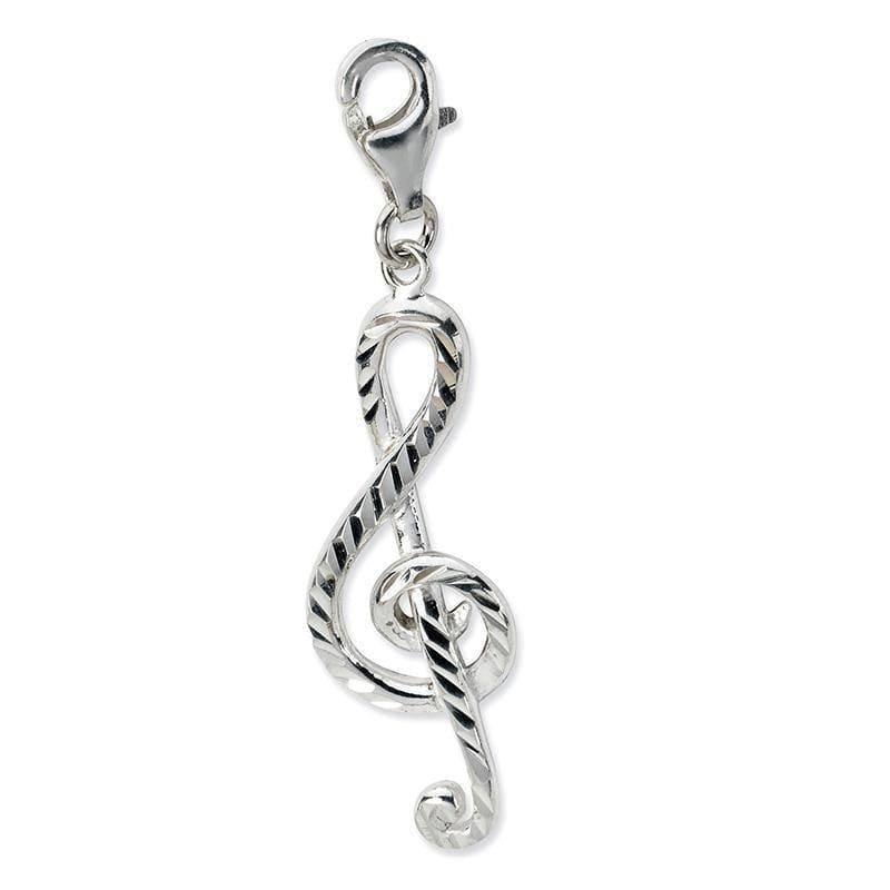 Sterling Silver Diamond-cut Treble Clef w-Lobster Clasp Charm | Weight: 1.98 grams, Length: 50mm, Width: 10mm - Seattle Gold Grillz