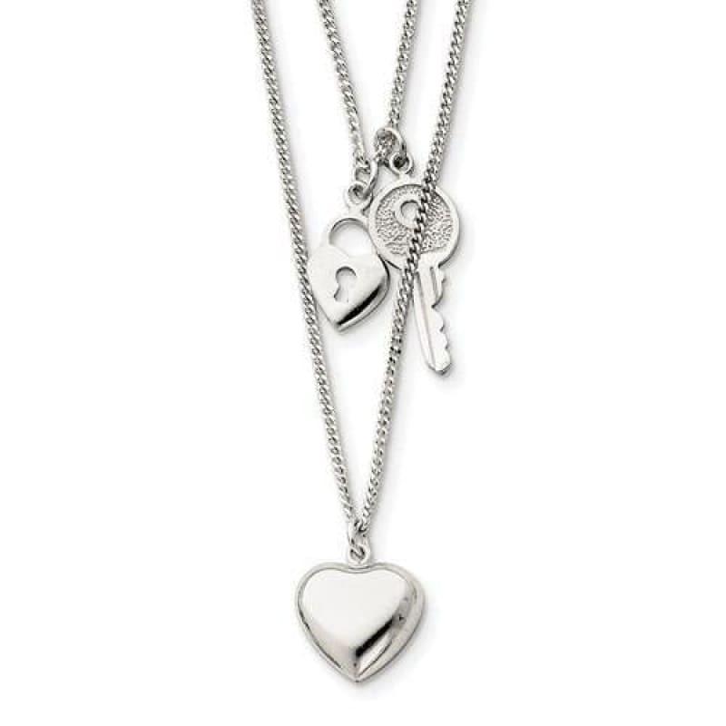 Sterling Silver Double Heart & Key Necklace | Weight: 7.04 grams, Length: 18mm, Width: 0mm - Seattle Gold Grillz
