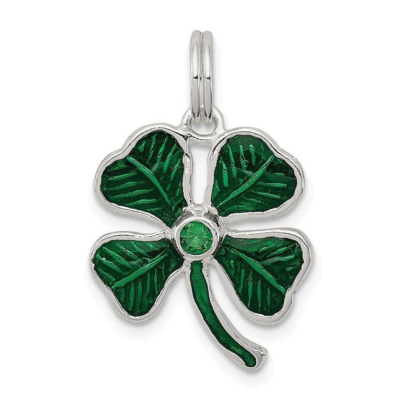 Sterling Silver Enameled 4-Leaf Clover with Green Glass Stone Charm | Weight: 1.61 grams, Length: 22mm, Width: 12mm - Seattle Gold Grillz