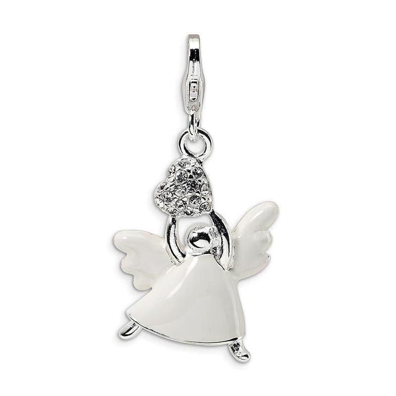 Sterling Silver Enameled Swarovski Element Angel w-Lobster Clasp Charm | Weight: 3.2 grams, Length: 42mm, Width: 17mm - Seattle Gold Grillz