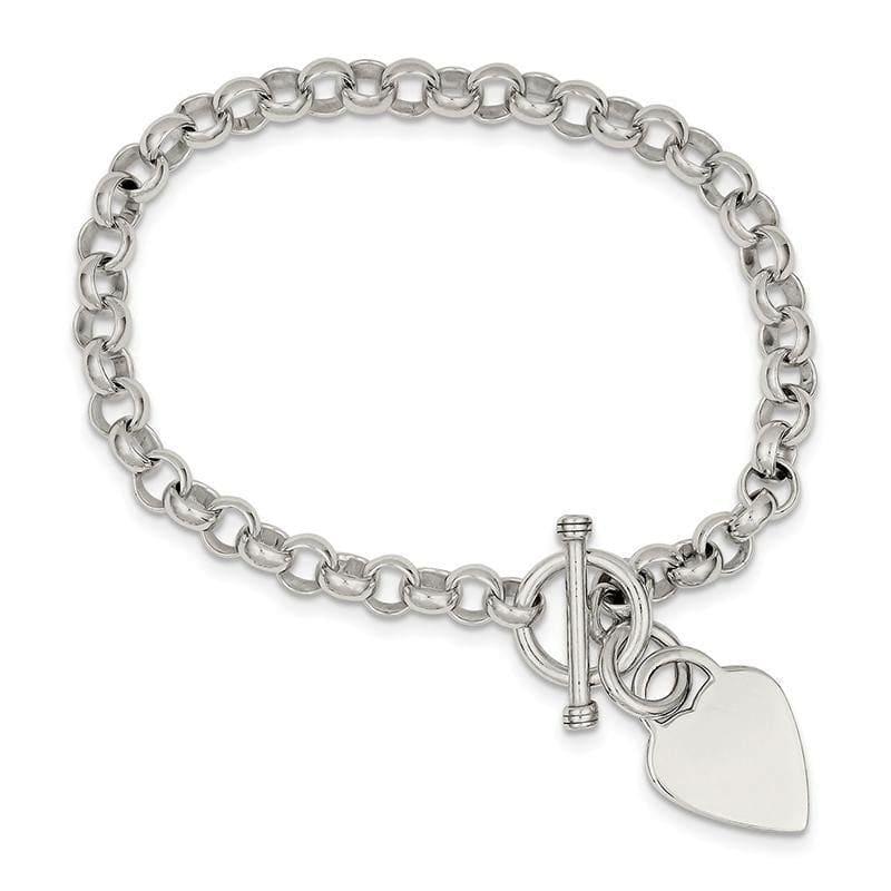 Sterling Silver Engraveable Heart Disc on Fancy Link Toggle Bracelet | Weight: 15.22 grams, Length: 23mm, Width: 14.5mm - Seattle Gold Grillz