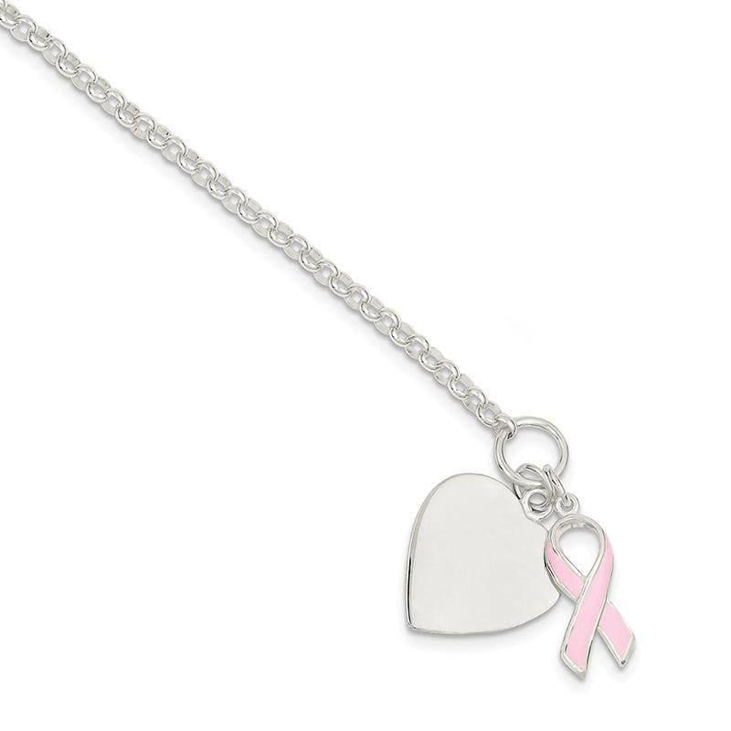 Sterling Silver Fancy Heart with Pink Ribbon Bracelet | Weight: 9.9 grams, Length: 24mm, Width: 20mm - Seattle Gold Grillz