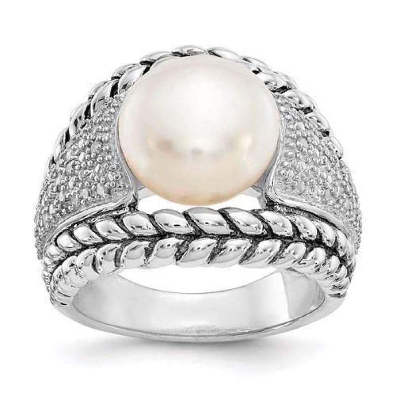 Sterling Silver FW Cultured Pearl And Diamond Ring - Seattle Gold Grillz