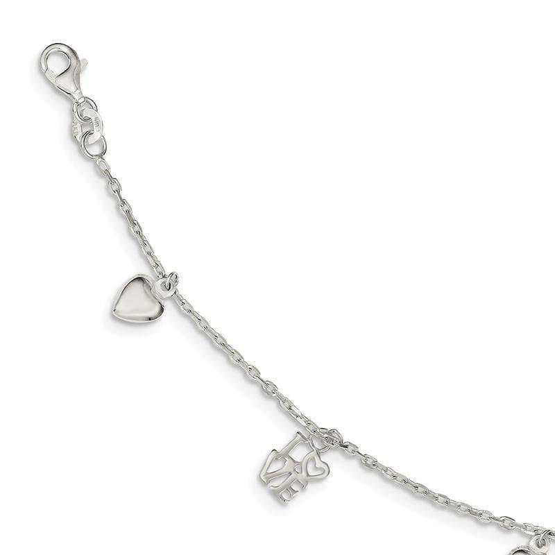 Sterling Silver Heart & Love Charm Bracelet | Weight: 2.97 grams, Length: 8mm, Width: 7mm - Seattle Gold Grillz