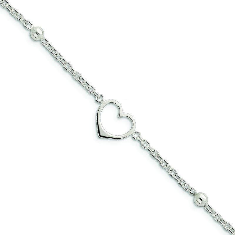 Sterling Silver Heart Anklet w-1 IN Ext | Weight: 4.92 grams, Length: 9mm, Width: 0mm - Seattle Gold Grillz