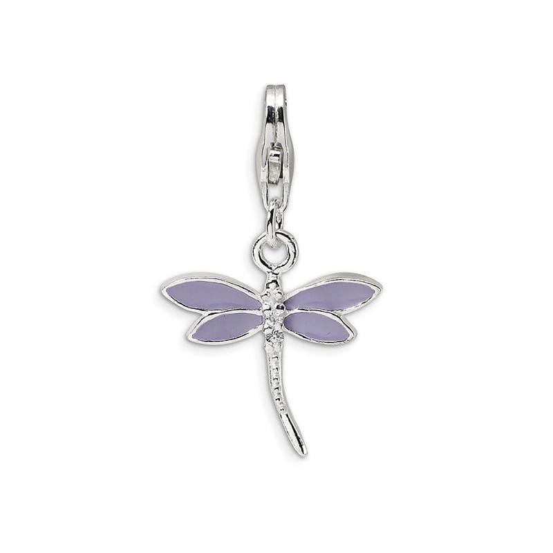 Sterling Silver Lilac Enameled & CZ Dragonfly w-Lobster Clasp Charm - Seattle Gold Grillz