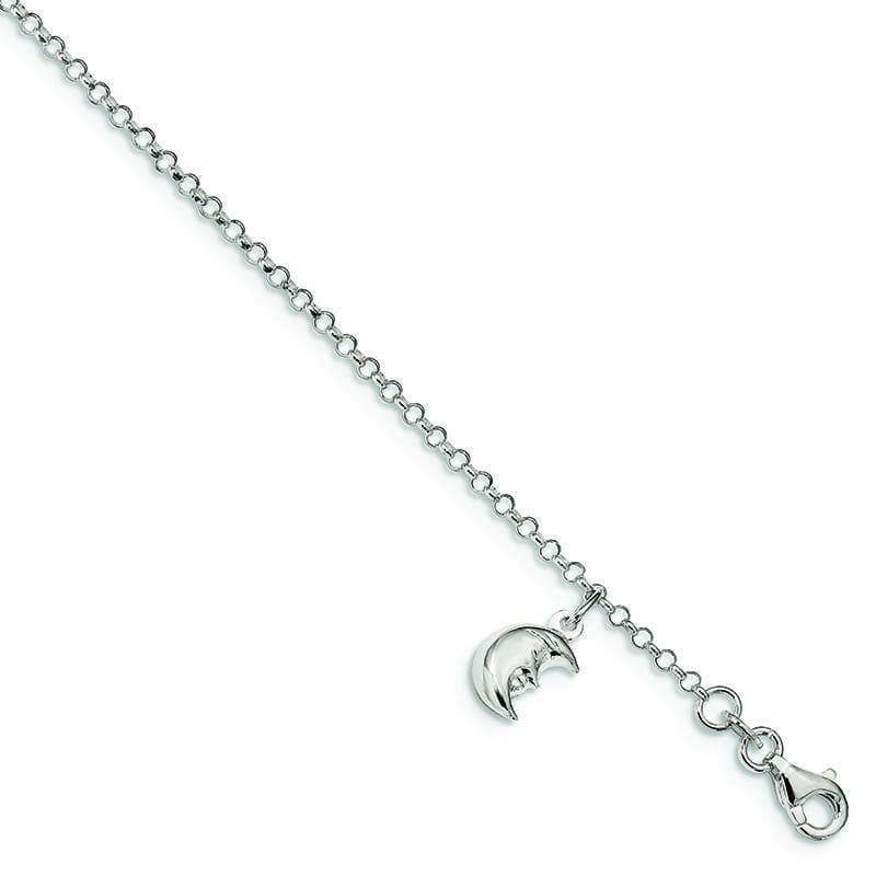 Sterling Silver Moon 10 inch w-1 inch ext. Anklet | Weight: 2.07 grams, Length: 10mm, Width: 1.5mm - Seattle Gold Grillz