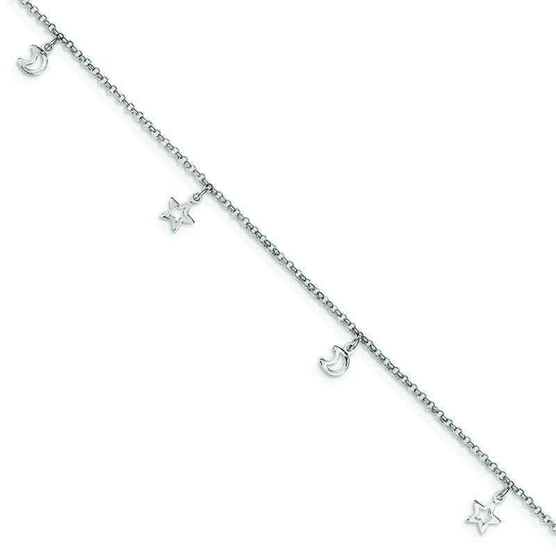 Sterling Silver Moon and Stars with 1in ext. Anklet | Weight: 2.14 grams, Length: 9mm, Width: mm - Seattle Gold Grillz