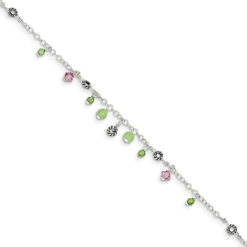 Sterling Silver Pink Crystal-Green Quartz & Peridot Bead Ankle Bracelet | Weight: 2.45 grams, Length: 9mm, Width: mm - Seattle Gold Grillz