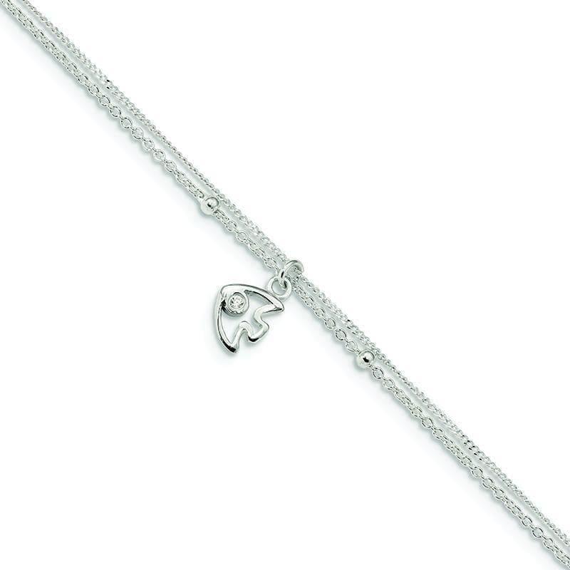 Sterling Silver Polished 2-Strand CZ Fish 9in w-1in Ext Anklet | Weight: 2.23 grams, Length: 9mm, Width: 1mm - Seattle Gold Grillz