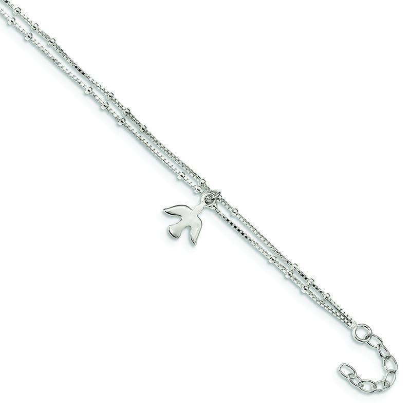 Sterling Silver Polished 2-Strand Dove 9in w-1in Ext Anklet | Weight: 3.01 grams, Length: 9mm, Width: 1mm - Seattle Gold Grillz