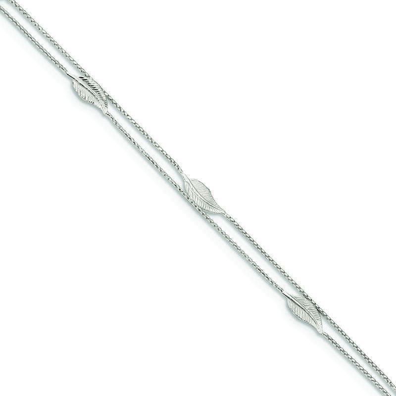 Sterling Silver Polished 2-Strand Feather 9in w-1in Ext Anklet | Weight: 2.29 grams, Length: 9mm, Width: 1mm - Seattle Gold Grillz