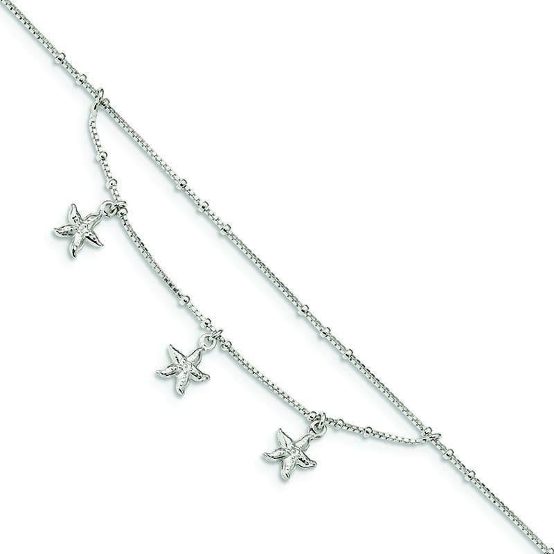 Sterling Silver Polished 2-Strand Starfish 9in w-1in Ext Anklet | Weight: 2.68 grams, Length: 9mm, Width: 0.8mm - Seattle Gold Grillz