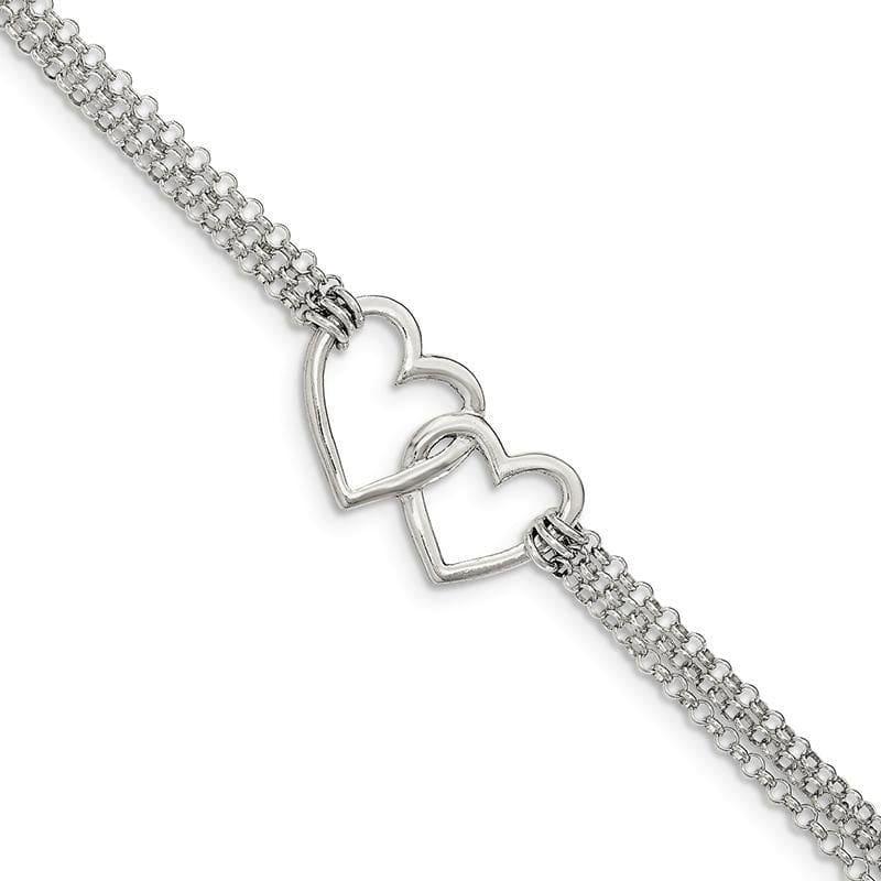 Sterling Silver Polished 3-strand w-.5in. Ext. Heart Bracelet | Weight: 4.37 grams, Length: 7mm, Width: mm - Seattle Gold Grillz