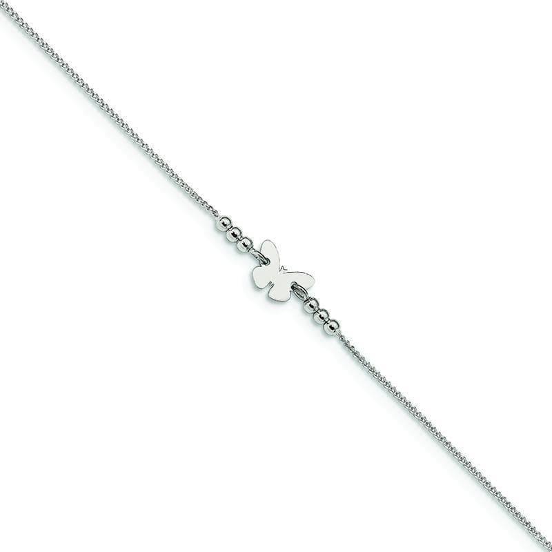 Sterling Silver Polished 9in w-1in ext Butterfly Anklet | Weight: 1.23 grams, Length: 9mm, Width: 1mm - Seattle Gold Grillz